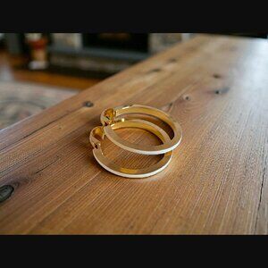 Crown Trafari Vintage Gold Tone White Enamel Clip On 1.5" Hoop Earrings